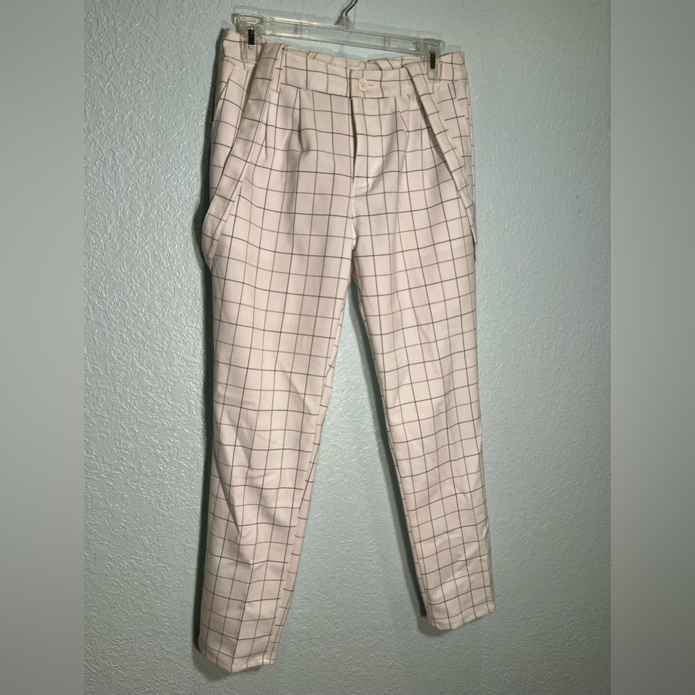 COLZA Japanese Import White w/Black Windowpane Printed Pants & Suspenders Size S